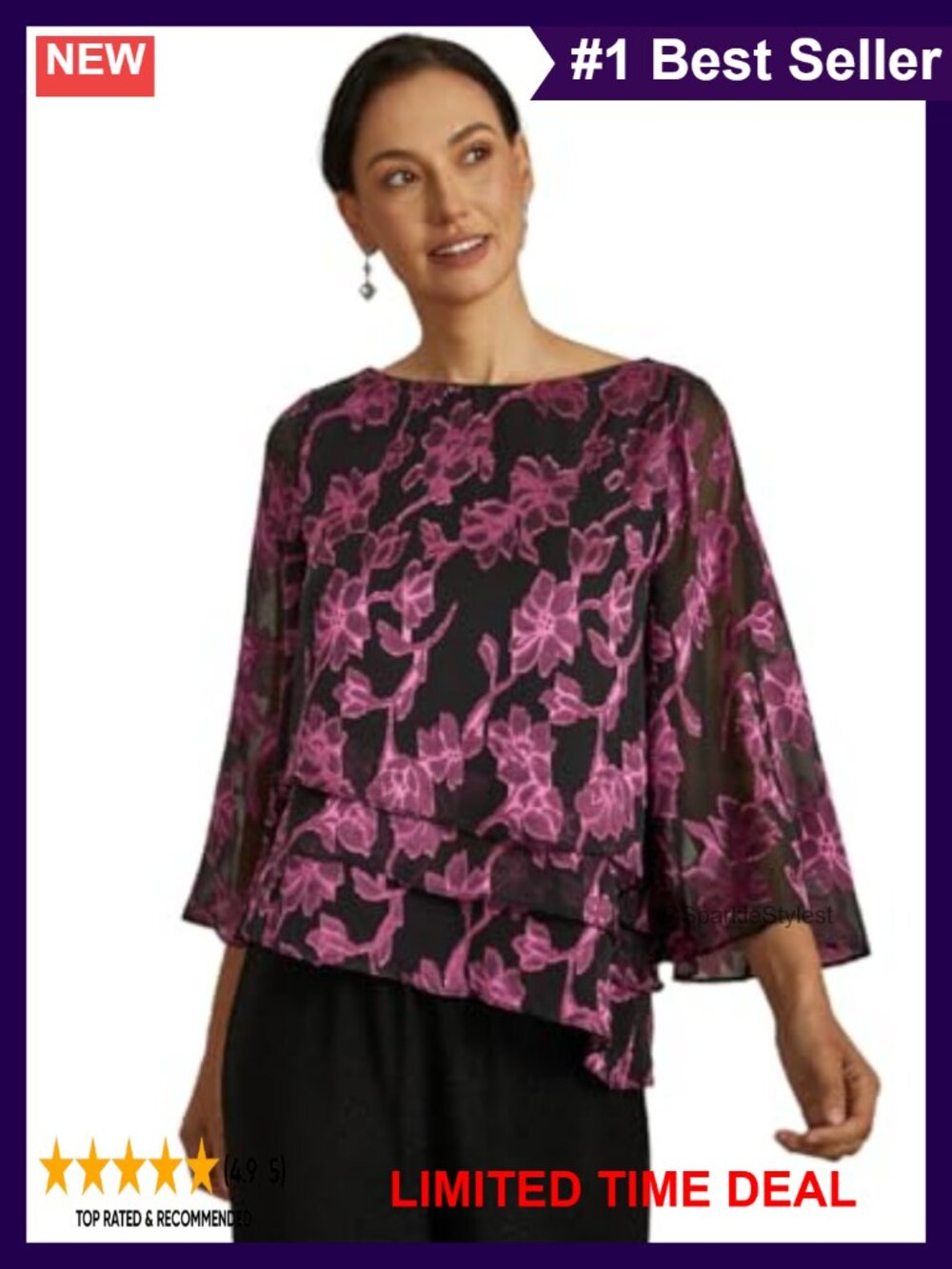 Floral Jacquard Chiffon Blouse Bell Sleeve Dressy Casual Top